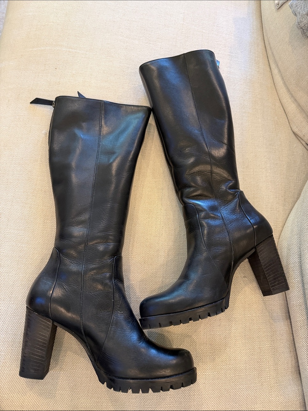 Paul Green Black Leather Knee-High Block Heel Boots